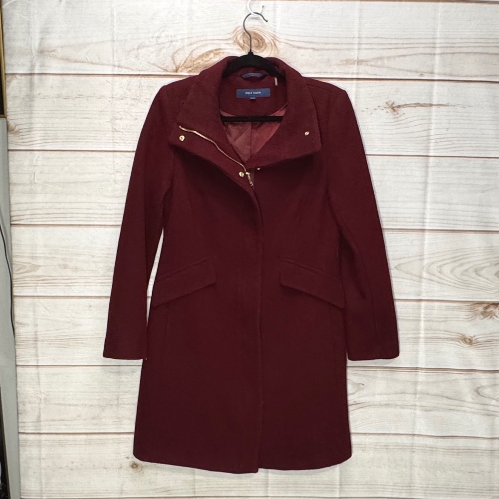 Cole Haan Womens Burgundy Wool Blend Wing Collar Asymmetric Zip Coat Size 10
